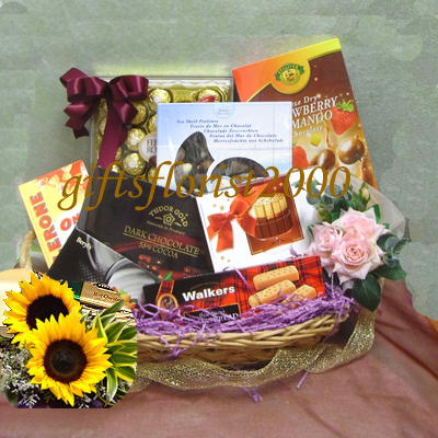 chocolate ecstasy & cheerful flowers-gift basket gb20