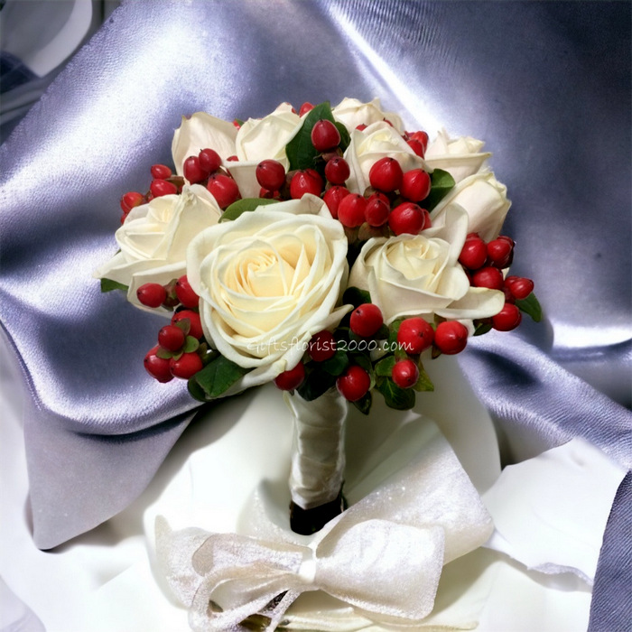Red Berry & White Roses-Bridal Bouquet B11
