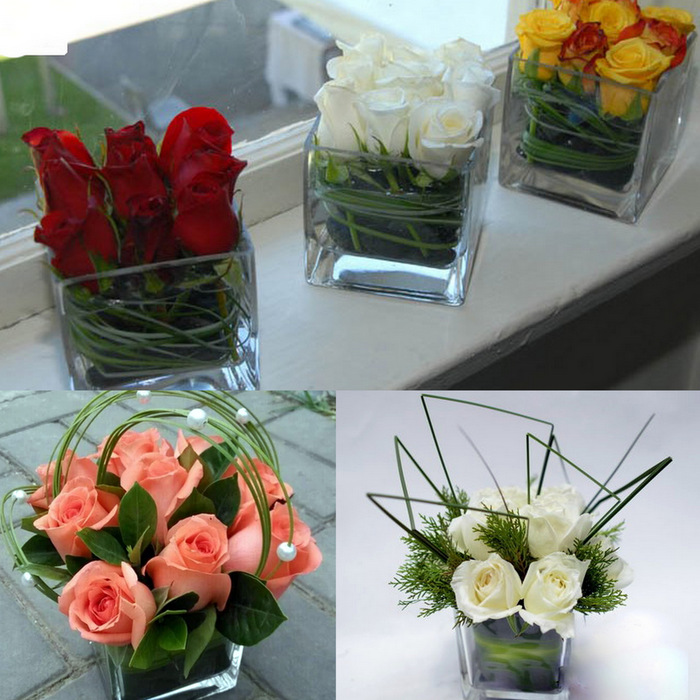 Roses In Square Cube Vase-Centerpiece Flowers 1