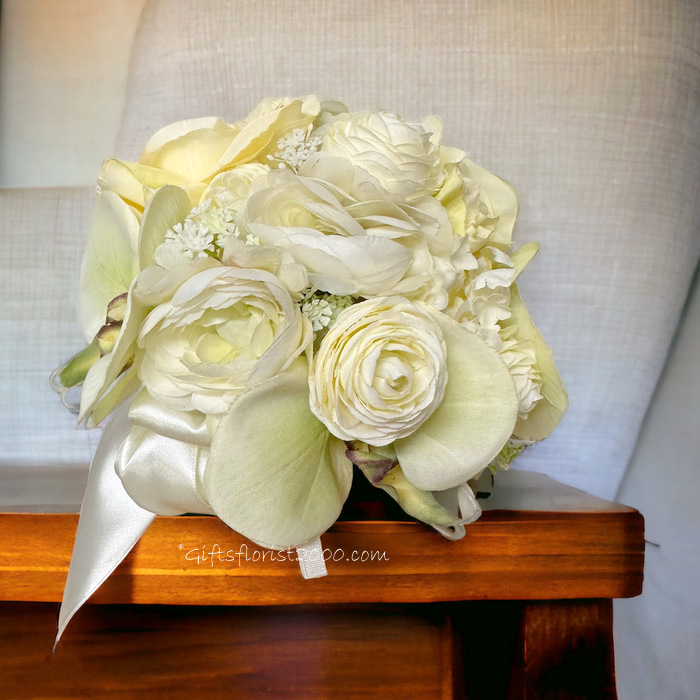 Lime Green & White-Silk Roses Bouquet 7