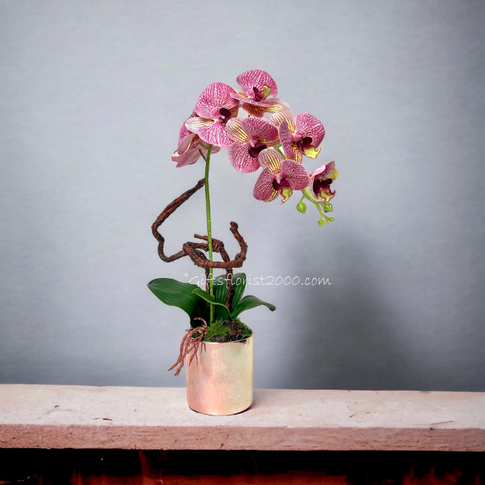 Rose-Gold Vase Phalaenopsis-Silk Orchid Arrangement 9