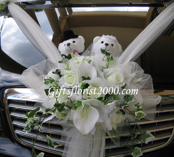 Bridal Car Decoration 1-White Flowers & Wedding Bear