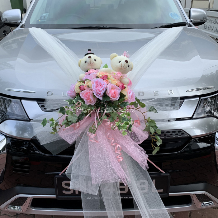 Bridal Car Decoration 10-Silk Roses & Bears Pink Theme