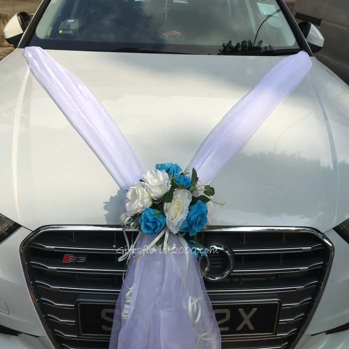 Bridal Car Decoration 13-Artificial Flowers Blue & White