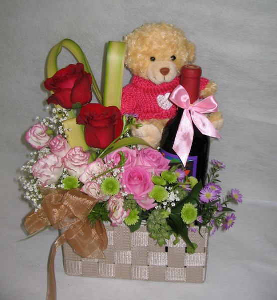 Wine, Flowers & Teddy Bear-GB15