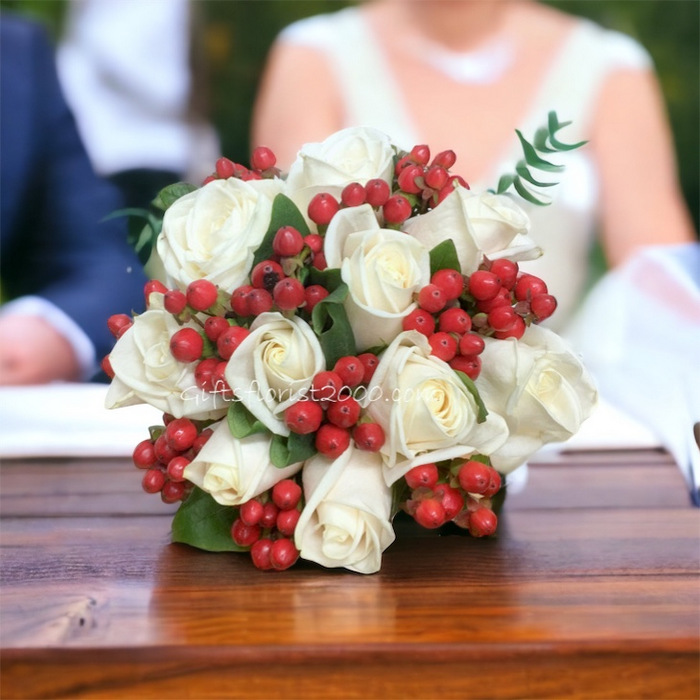 Red Berry & White Roses-Bridal Bouquet B11