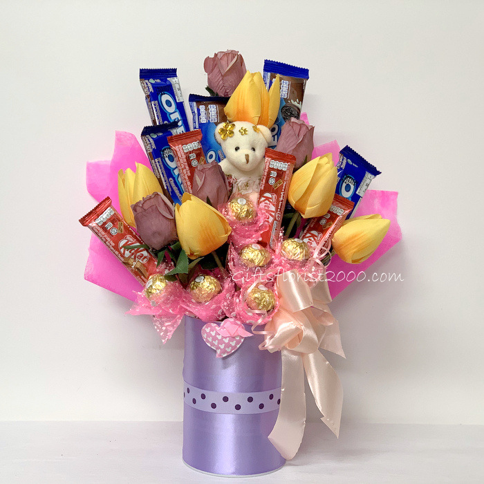 Candy, Bear Silk Flowers Tulips-CB15