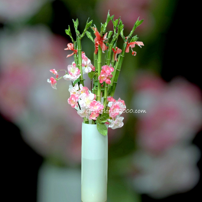 Cherry Blossom Fortune-Lucky Bamboo Arrangement 18
