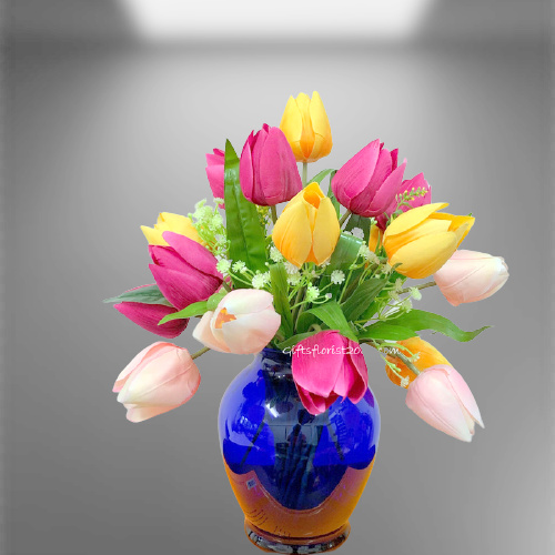 Colorful Tulips In Vase-Silk Flowers Arrangement 22
