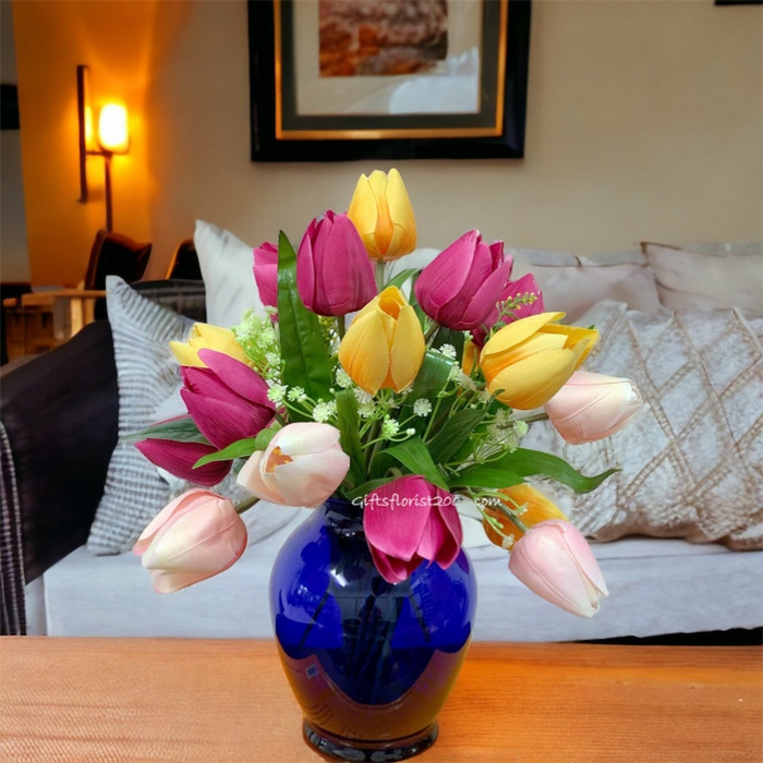 Colorful Tulips In Vase-Silk Flowers Arrangement 22