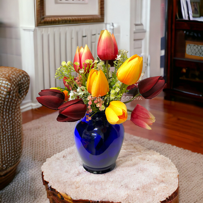 Colorful Tulips In Vase-Silk Flowers Arrangement 22