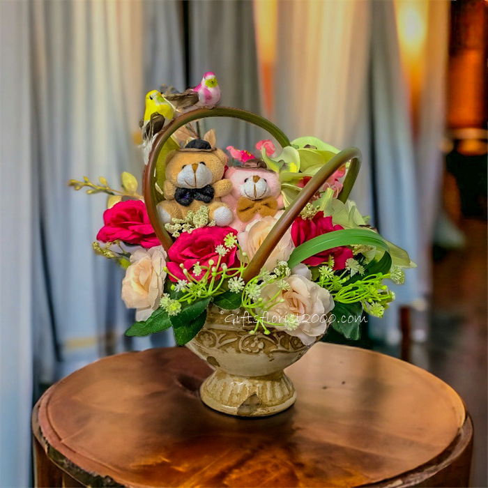 Couple Bears & Roses-Silk Flowers Arrangement 30