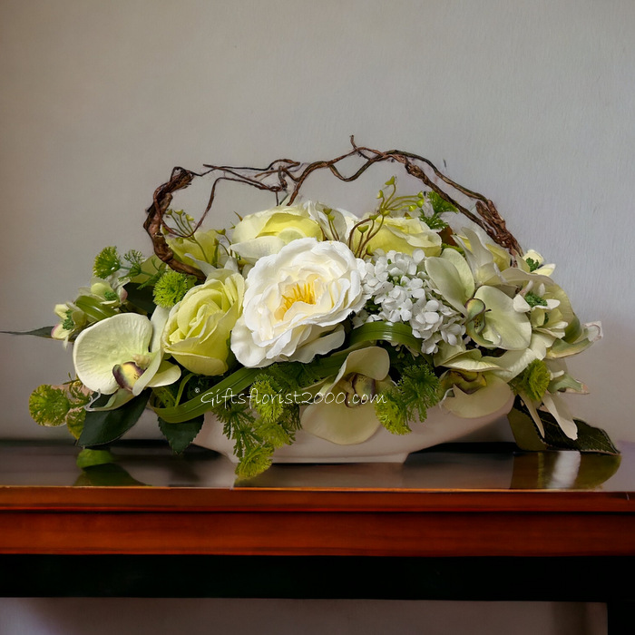 Green & White-Silk Flowers Arrangement 33