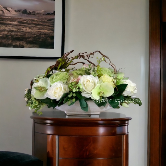Green & White-Silk Flowers Arrangement 33