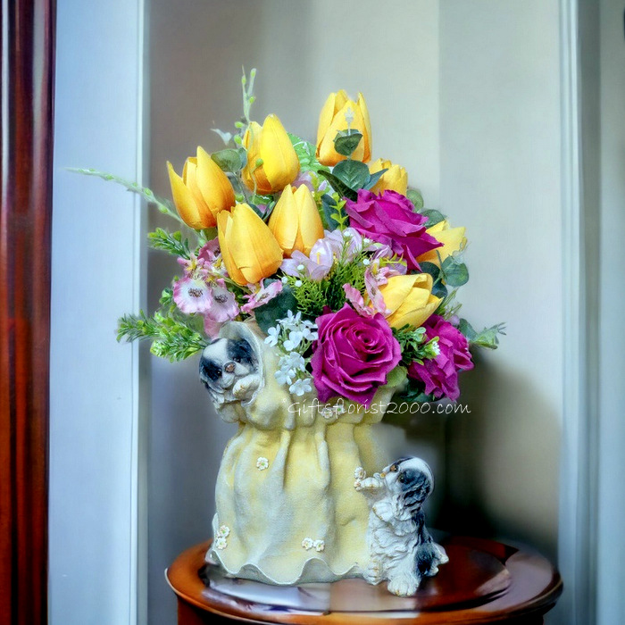 Cute Puppy-Silk Flowers Arrangement 46