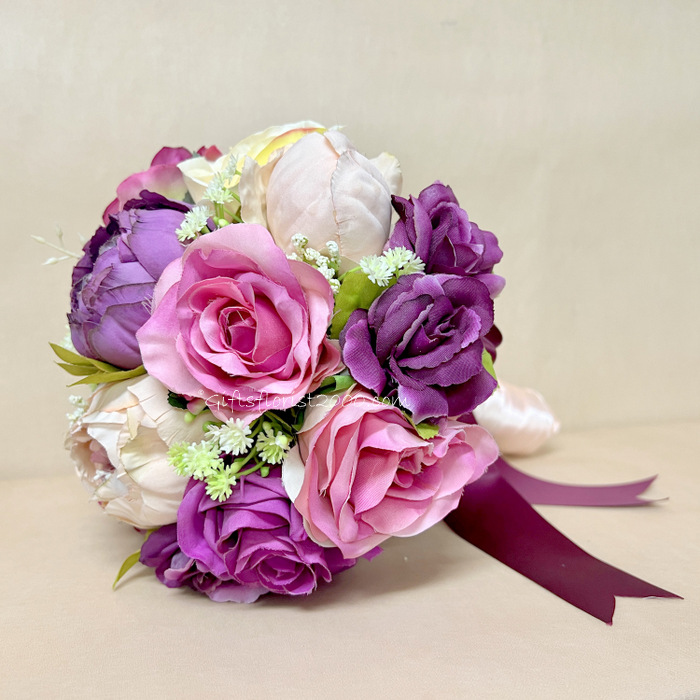 Pink and Purple Silk Flowers Bouquet-Peony 3