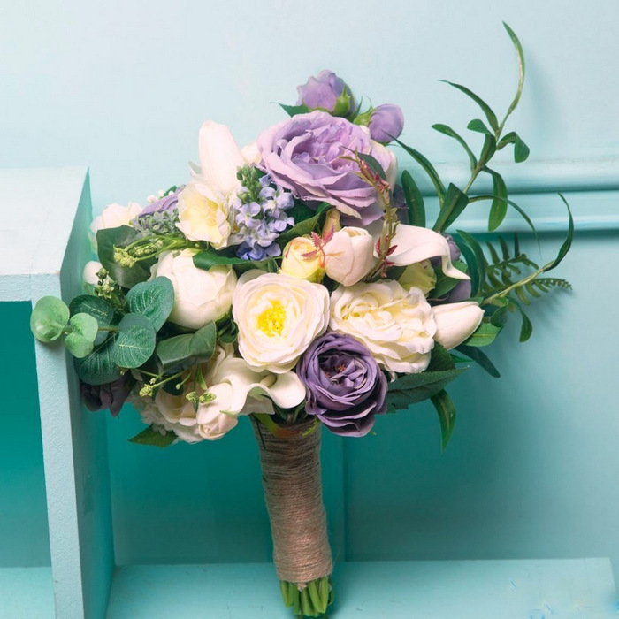 Natural Purple & White-Silk Roses Bouquet 13