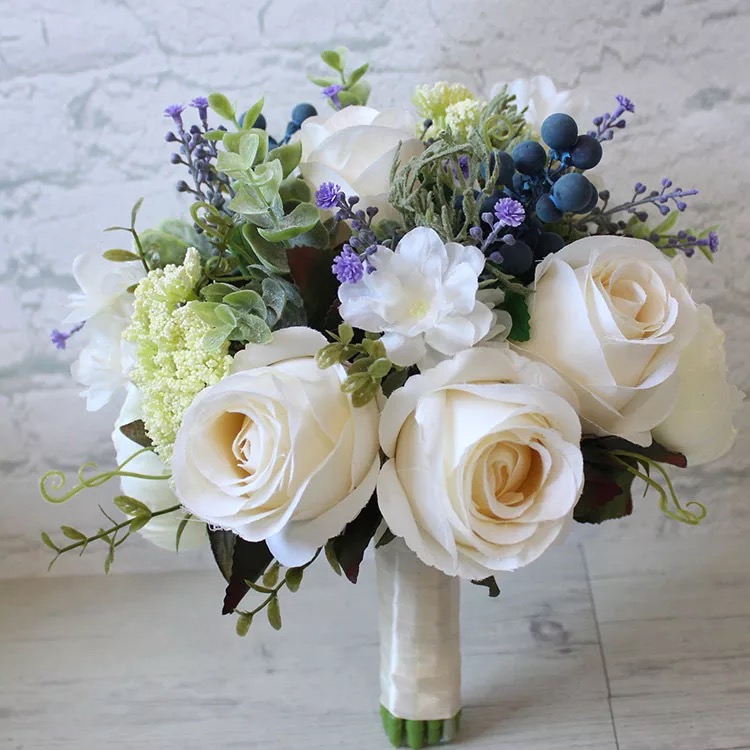 Cream White-Silk Roses Bouquet 15