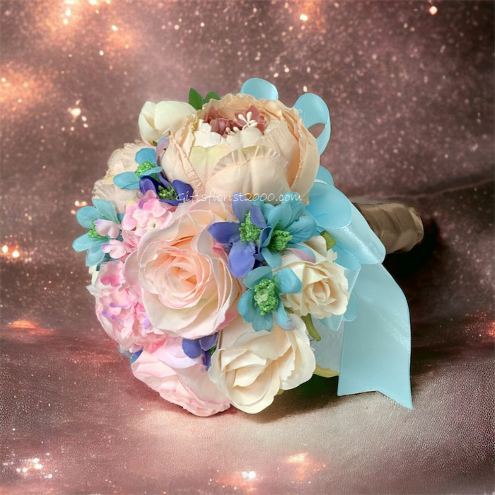Blue & Pink Flowers-Silk Roses Bouquet 4
