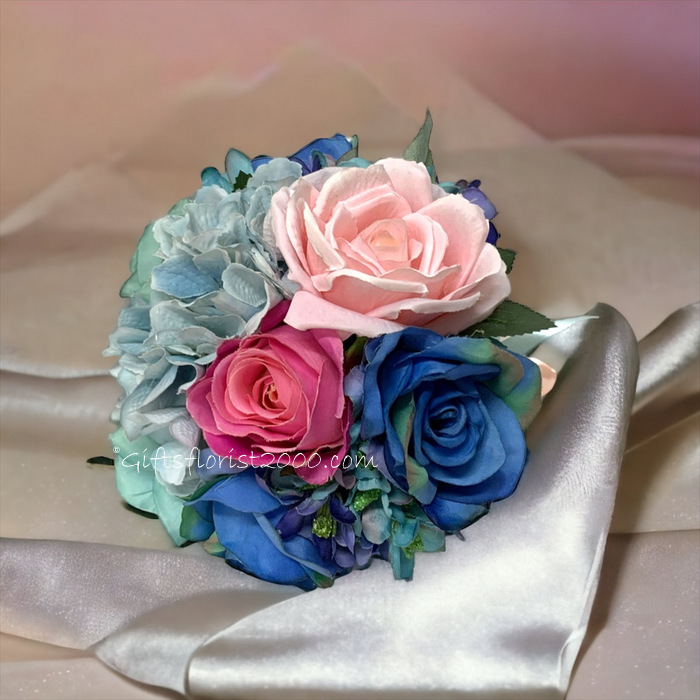 Pink & Blue-Silk Roses Bouquet 5