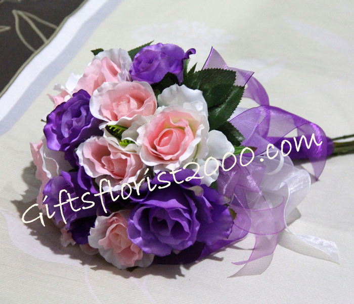Purple & Pink Bridal-Silk Roses Bouquet 8