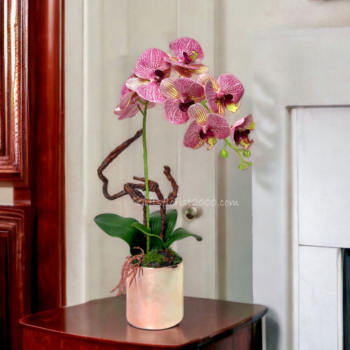 Rose-Gold Vase Phalaenopsis-Silk Orchid Arrangement 9