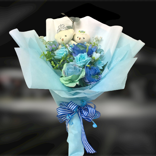 Blue Roses & Teddy Bears-Silk Roses Bouquet 20