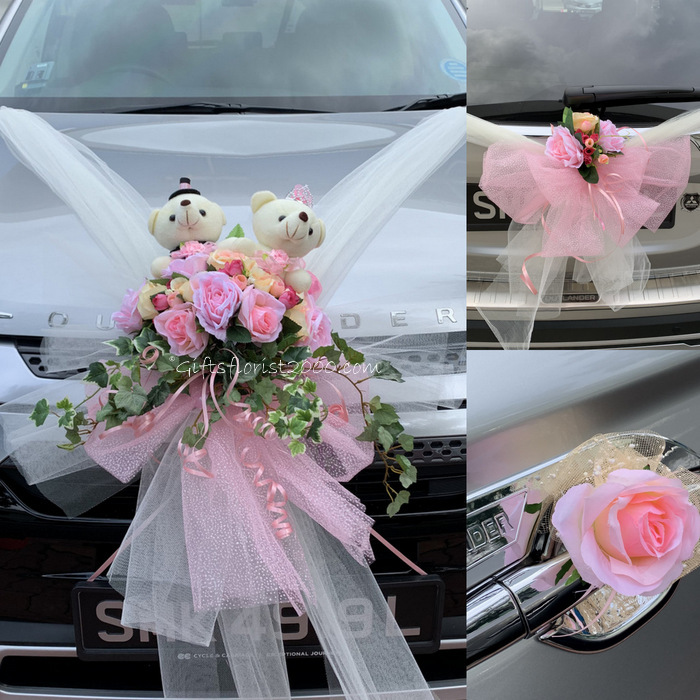 Bridal Car Decoration 10-Silk Roses & Bears Pink Theme