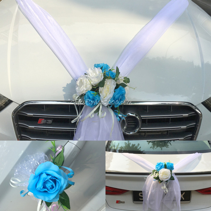 Bridal Car Decoration 13-Artificial Flowers Blue & White