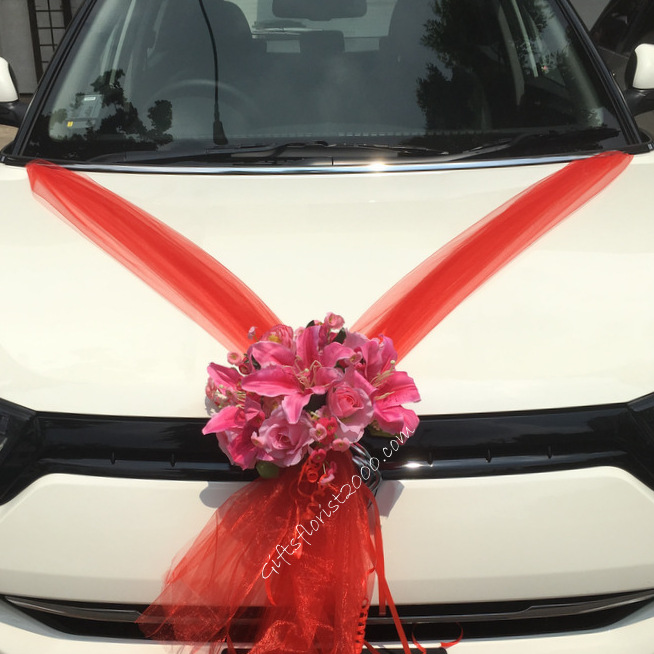 Bridal Car Decoration 4-Pink Lily Red On Red