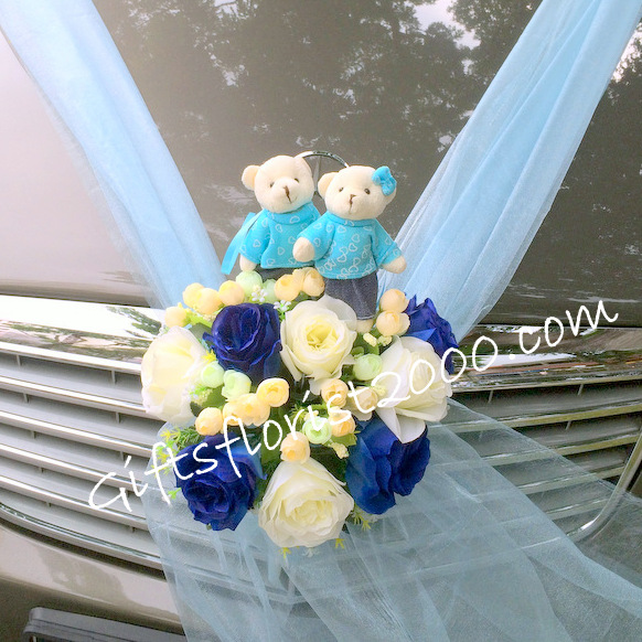 Bridal Car Decoration 8-Artificial Roses & Bears Blue Theme